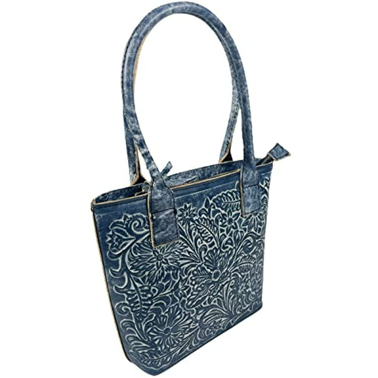 Urbalabs Western Purse Genuine Leather Hand Tooled Floral Handbag Tote  Ladies Bag Leather Chain Strap Purse Hand Stitched (Blue) 