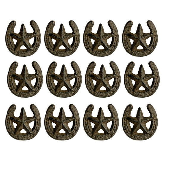 Urbalabs Western Rustic Horseshoe Star Cast Iron Kitchen Cabinet Rustic Brown Western Star Cabinet Knobs & Farmhouse 2 inch Drawer Pulls Set of 12 Knobs and Pulls
