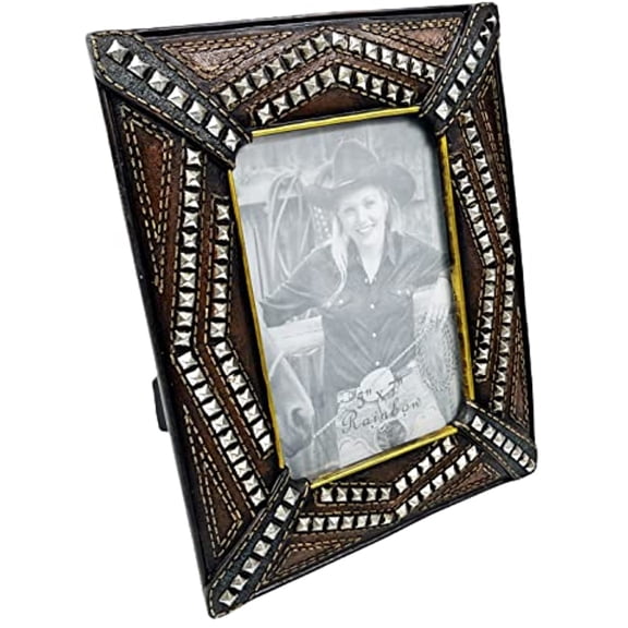 Urbalabs Western Studded Leather Finish 5x7 Cowboy Picture Frame Desk Photo Frame Country Decor Picture Box 5" x 7" Rustic Gifts Farmhouse Picture Frames Standing Elaborate Picture Frame