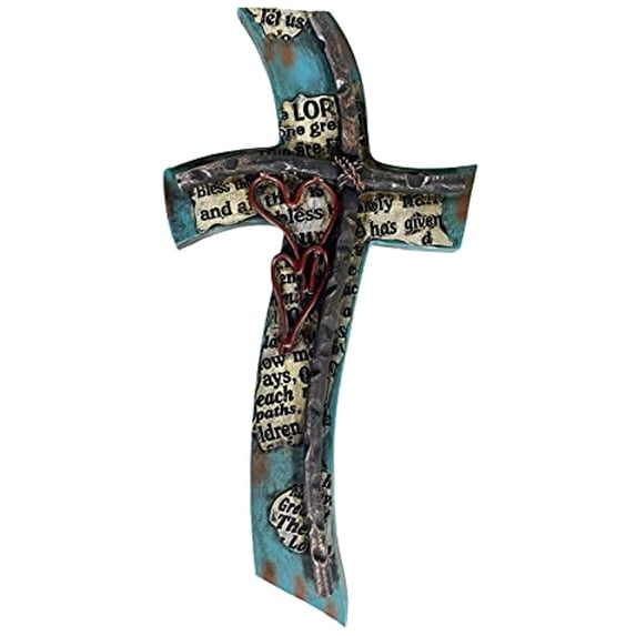 Urbalabs Western Tooled Heart Curved Rustic Prayer Home Religious Wall Decor 12" Christian Wall Cross Decor Marriage Gifts Wall Hanging Crosses Turquoise Gem Stone