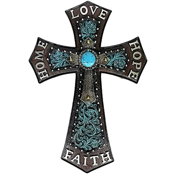 Urbalabs Western Tooled Teal Floral Flower Country Faith Love Hope Home Religious Wall Decor 12" Christian Wall Cross Decor Marriage Gifts Wall Hanging Crosses Turquoise Gem Stone