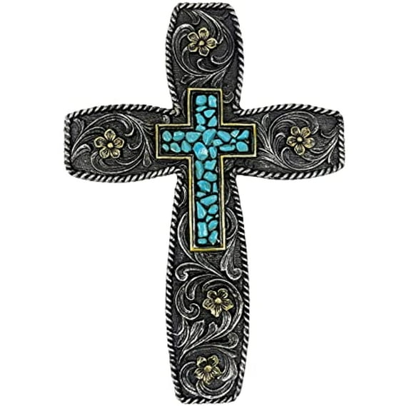 Urbalabs Western Wall Cross Christian Teal Stone Cross Gold Flower Floral Cowboy Religious 12" Wall Hanging Cross Country Wall Decor Room Decoration for Office Church Home Faith Love
