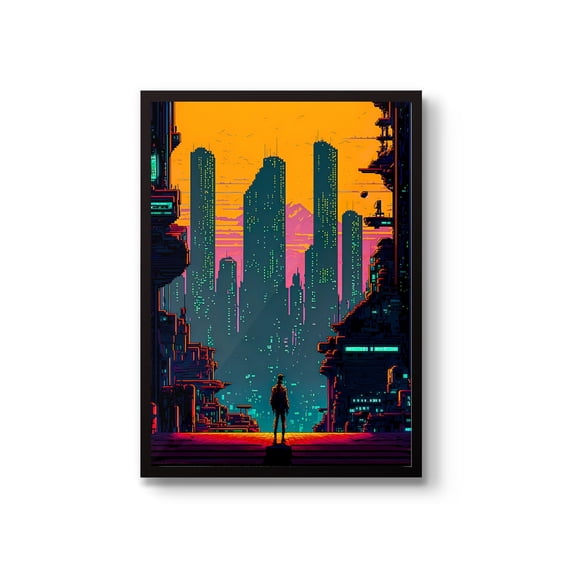Urban 8Bit City Wall Art Print, Neon Gaming Decor