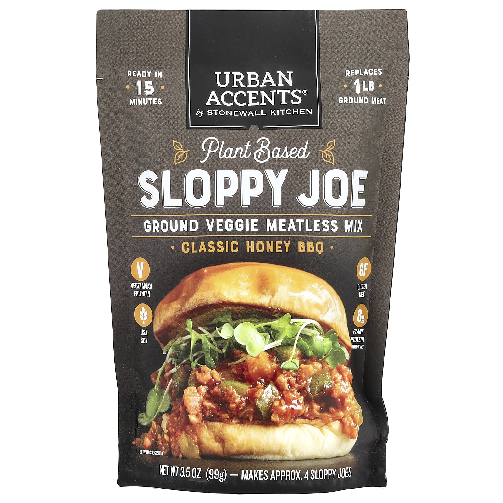 Urban Accents Plant Based Sloppy Joe, Ground Veggie Meatless Mix, Classic Honey BBQ, 3.5 oz (99 g)