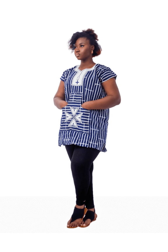 Blue Smock Top With White Embroidery, African Dresses For Women