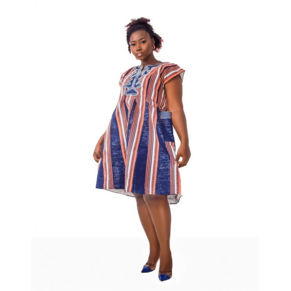 Urban Afrique Orange Stripe Smock Top With Blue Embroidery, African Dresses For Women