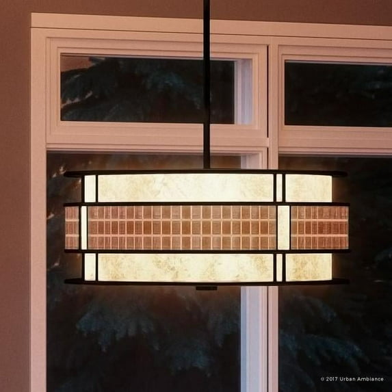 Urban Ambiance Luxury Art Deco Chandelier, Small Size: 6.5"H x 16"W, with Moroccan Style Elements, Copper Revival Finish and Oyster Mica Inner Shade, Mosaic Tile Outer Shade, UQL2431