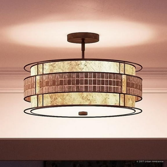 Urban Ambiance Luxury Art Deco Indoor Semi-Flush Ceiling Light, Medium Size: 12"H x 16"W, with Moroccan Elements, Copper Revival Finish and Oyster Mica Inner Shade, Mosaic Tile Outer Shade, UQL2435