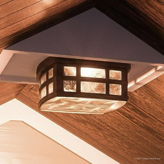 Urban Ambiance Luxury Craftsman Outdoor Ceiling Light, Small Size: 5.75"H x 12"W, with Tudor Style Elements, Highly-Detailed Design, Oil Rubbed Parisian Bronze Finish and Water Glass, UQL1249
