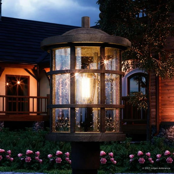 Urban Ambiance Luxury Craftsman Outdoor Post Light, Medium Size: 17.25"H x 10"W, with Tudor Style Elements, Wrought Iron Design, Natural Black Finish and Seeded Glass, UQL1046