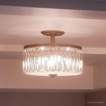 Urban Ambiance Luxury Crystal Semi-Flush Ceiling Light, Medium Size: 11.25"H x 15.25"W, with Vintage Elements, Antique Gold Finish and Etched Glass Inner Shade, Beveled Glass Outer Shade, UQL2520