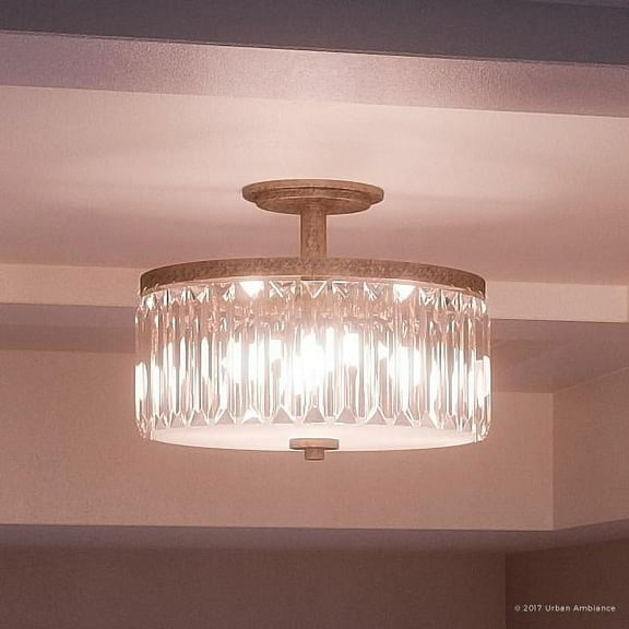 Urban Ambiance Luxury Crystal Semi-Flush Ceiling Light, Medium Size: 11.25"H x 15.25"W, with Vintage Elements, Antique Gold Finish and Etched Glass Inner Shade, Beveled Glass Outer Shade, UQL2520