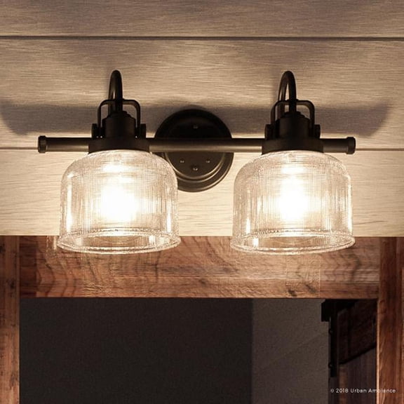 Urban Ambiance Luxury Farmhouse Bath Fixture, Size: 8-3/4"H x 17"W, with Vintage Electric Style Elements, Fashion Bronze Finish and Clear Double Prismatic Shade, UHP2041