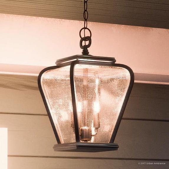 Urban Ambiance Luxury French Country Outdoor Pendant Light, Medium Size: 15.5"H x 9.5"W, with Mediterranean Style Elements, Soft and Simple Design, High-End Black Silk Finish and Seeded Glass, UQL1204