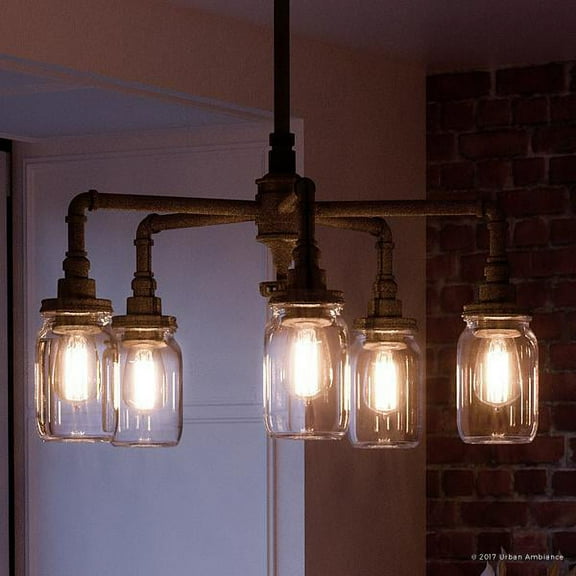 Urban Ambiance Luxury Industrial Chandelier, Medium Size: 23"H x 26"W, with Provincial Style Elements, Aged Pipe Design,Antique Black Finish and Clear Mason Jar, UQL2663