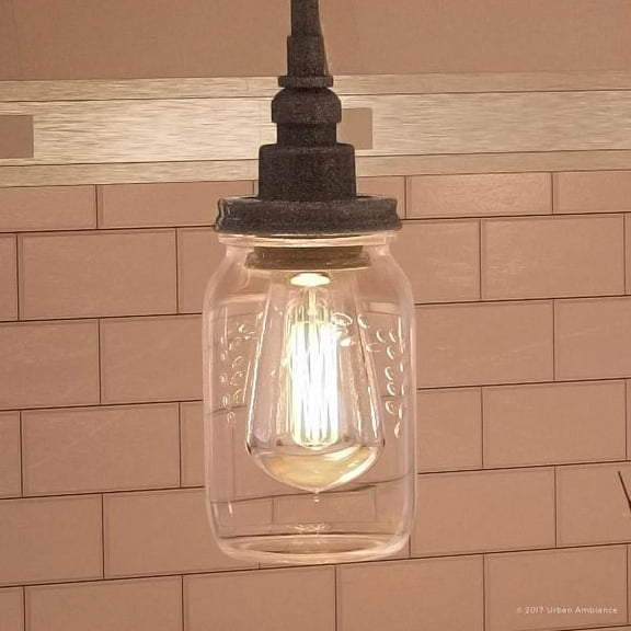 Urban Ambiance Luxury Industrial Hanging Pendant Light, Small Size: 9.5"H x 4.25"W, with Provincial Style Elements, Aged Pipe Design,Antique Black Finish and Clear Mason Jar, UQL2665