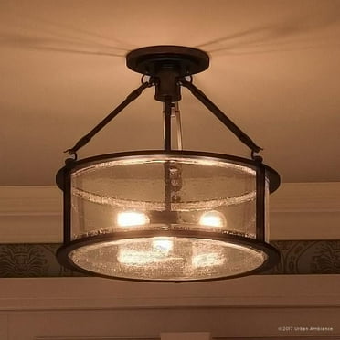 Urban Ambiance Luxury Industrial Semi-Flush Ceiling Light, Medium Size: 14.25"H x 16"W, with Western Style Elements, Rectangular Link Design, Elegant Estate Bronze Finish and Seeded Glass, UQL2133