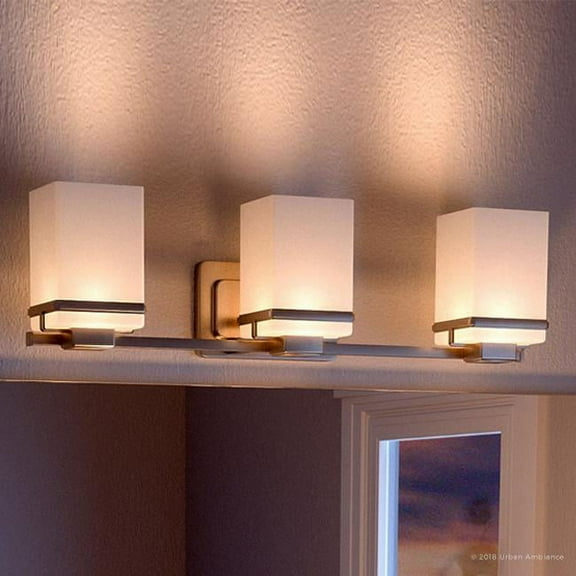 Urban Ambiance Luxury Modern Bath Fixture, Size: 6-1/2"H x 22-1/8"W, with Transitional Style Elements, Brushed Nickel Finish and Etched/Painted White Inside Shade, UHP2602