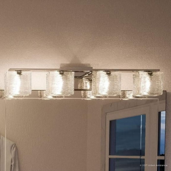 Urban Ambiance Luxury Modern Bathroom Vanity Light, Large Size: 6.75"H x 32"W, with Polished Chrome Finish and Sandblasted Inner Glass, Clear Wavy Outer Glass, G9 LED Technology, UQL2725