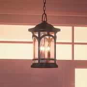 Urban Ambiance Luxury Rustic Outdoor Pendant Light, Large Size 18"H x 11"W, with Colonial Style Elements, Wrought Iron Design, High-End Black Silk Finish and Seeded Glass, UQL1108