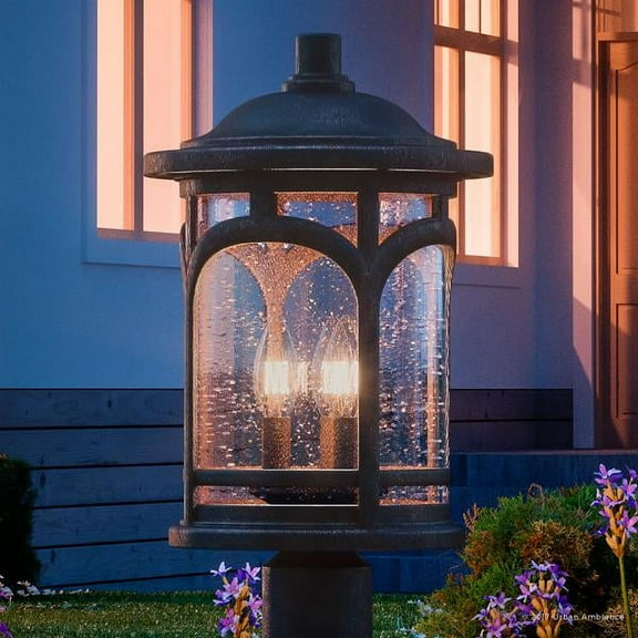 Urban Ambiance Luxury Rustic Outdoor Post Light, Medium Size: 19"H x 11"W, with Colonial Style Elements, Wrought Iron Design, Oil Rubbed Parisian Bronze Finish and Seeded Glass, UQL1107