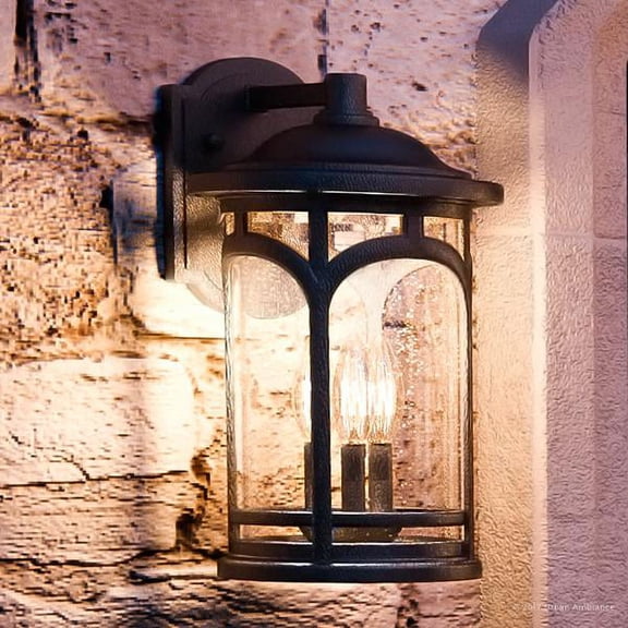 Urban Ambiance Luxury Rustic Outdoor Wall Light, Medium Size: 14.5"H x 9"W, with Colonial Style Elements, Wrought Iron Design, High-End Black Silk Finish and Seeded Glass, UQL1102