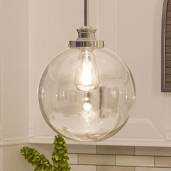 Urban Ambiance Luxury Transitional Pendant, Size: 12-3/4"H x 9-3/4"W, with Urban Industrial Style Elements, Polished Nickel Finish and Clear Shade, UHP2642
