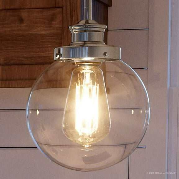 Urban Ambiance Luxury Transitional Pendant, Size: 9-1/2"H x 6-7/8"W, with Urban Industrial Style Elements, Polished Nickel Finish and Clear Shade, UHP2640