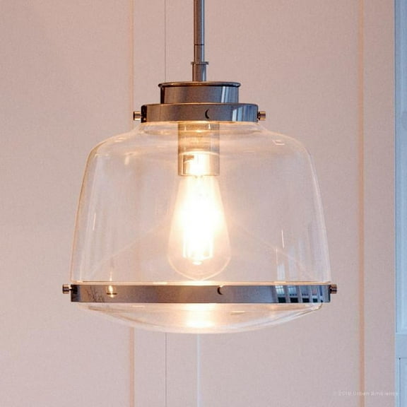 Urban Ambiance Luxury Vintage Electric Pendant, Size: 11-1/4"H x 11"W, with Urban Industrial Style Elements, Polished Nickel Finish and Clear Shade, UHP2534