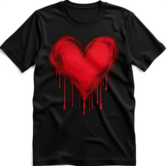 Urban Art Black T-Shirt with Bold Red Dripping Heart Graphic Passionate Style