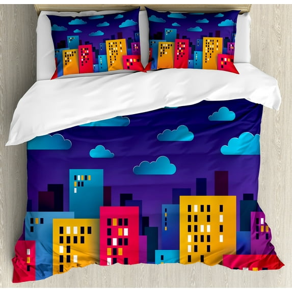 Urban Art Duvet Cover Set, Colorful Cartoon of Business Skyline Clouds Pattern at Nighttime Print, Decorative 3 Piece Bedding Set with 2 Pillow Shams, King Size, Quartz and Multicolor, by Ambesonne
