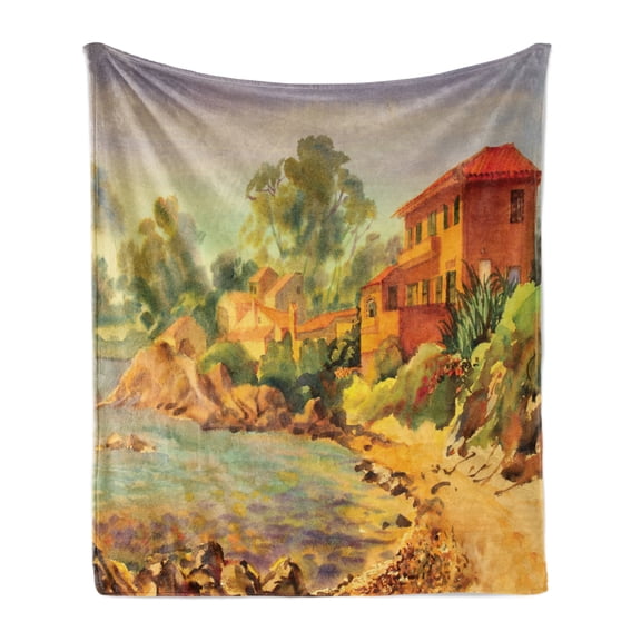 Urban Art Soft Flannel Fleece Throw Blanket, Watercolor Painting of a Building in Saint Tropez European French Landscape, Cozy Plush for Indoor and Outdoor Use, 70" x 90", Multicolor, by Ambesonne