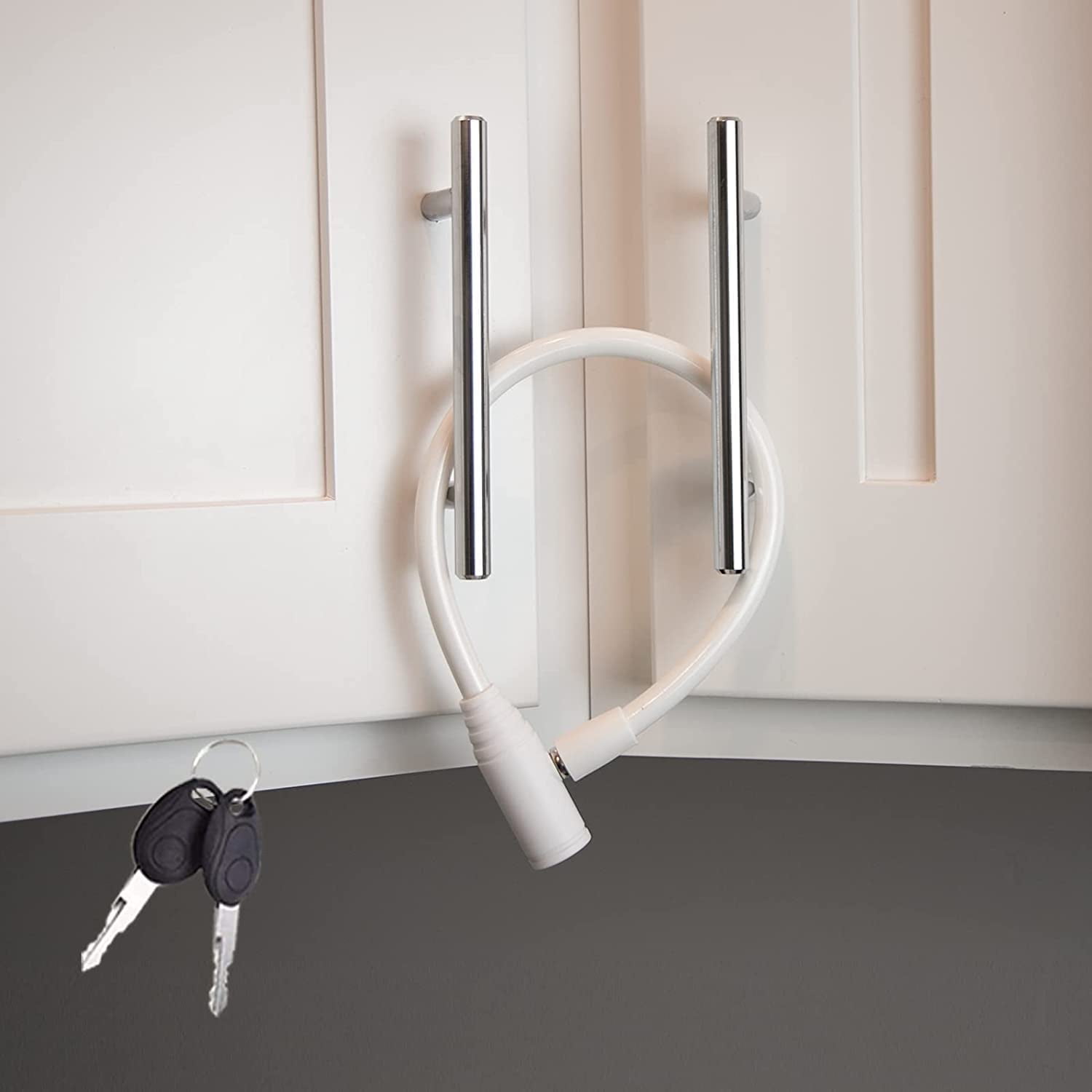 Urban August Original Fridge Lock Cabinet Locks with Keys - French-Door Refrigerator Lock for Kids Adult - Multifunctional Cable Lock for Fridge Cabinet Bike Stroller (Regular, White - 2 Pack)