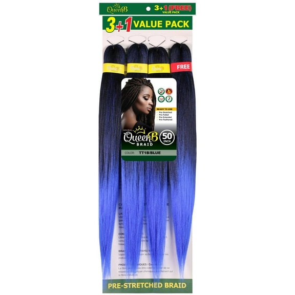QueenB 4X Value Pack Pre-Stretched Braiding Hair 50  Color TT1B/BLUE