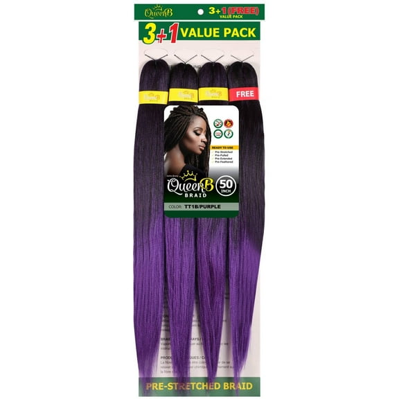 QueenB 4X Value Pack Pre-Stretched Braiding Hair 50 Color TT1B/PURPLE