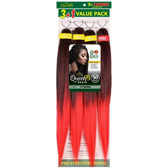 QueenB 4X Value Pack Pre-Stretched Braiding Hair 50 Color TT1B/RED