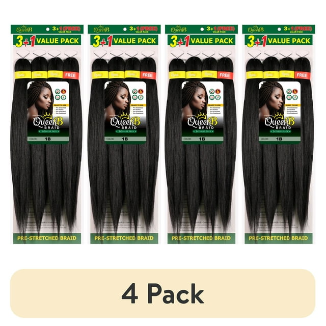 (4 pack) Urban Beauty Queen B PreStretched Braiding Hair 4X Pack, 50 Inch, 1B