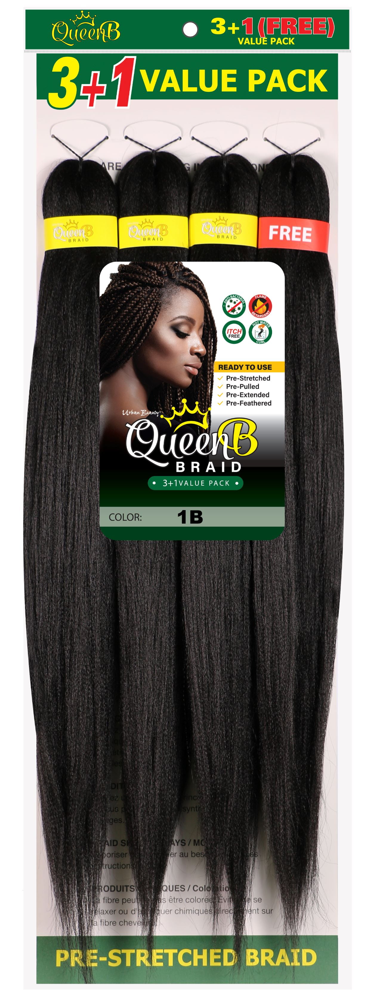 Urban Beauty Queen B PreStretched Braiding Hair 4X Pack, 50 Inch, 1B