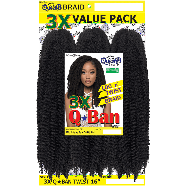 Urban Beauty Queen B Qban Loc N Twist Braid Hair 3X Pack, 16 Inch, 1B