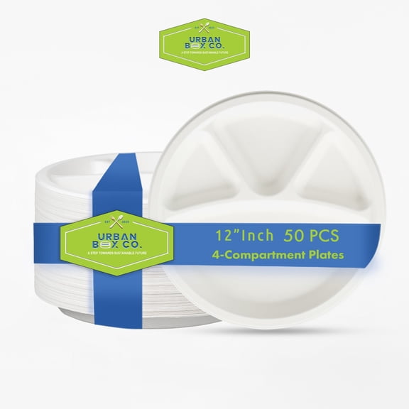 Urban Box Co 12-inch 4-Compartment Heavy Duty Paper Plates, Eco-Friendly, Disposable, 50 Count, 1 Pack