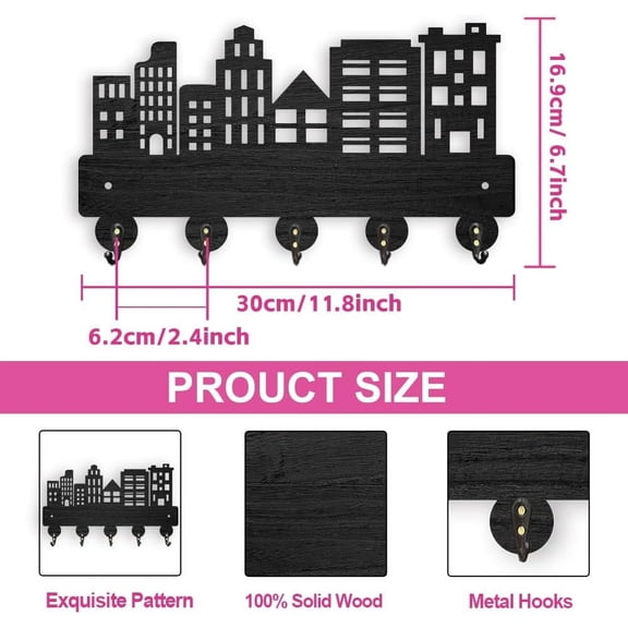 Urban Buildings Wooden Key Holder for Wall Wood Rack with 5 Metal Hooks Wall Mounted Buildings Key Hooks for Front Door Kitchen Entryway Hallway - 11.8x6.7inch