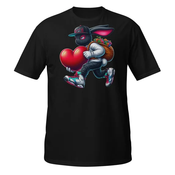 Urban Bunny Streetwear Rabbit Carrying Heart Backpack Graphic Unisex T-Shirt, up to Size 5XL