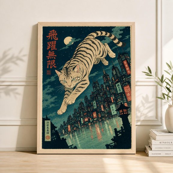 Urban Cat Poster, Japanese Style Cityscape Poster, Retro Street Illustration , Poster Print Only