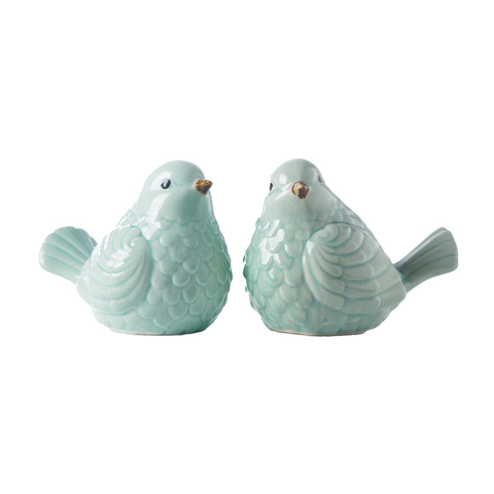 Glossy Light Blue Ceramic Sitting Bird Figurine Set