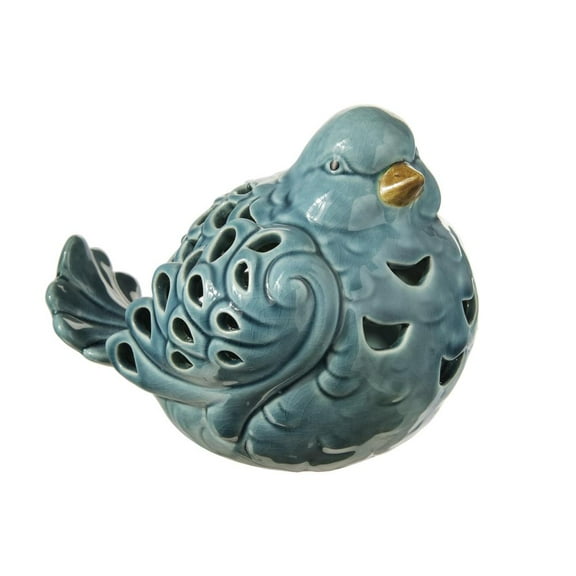 Urban Ceramic Sitting Bird Figurine with Brown Beak and Cutout Design Body Gloss Finish Blue