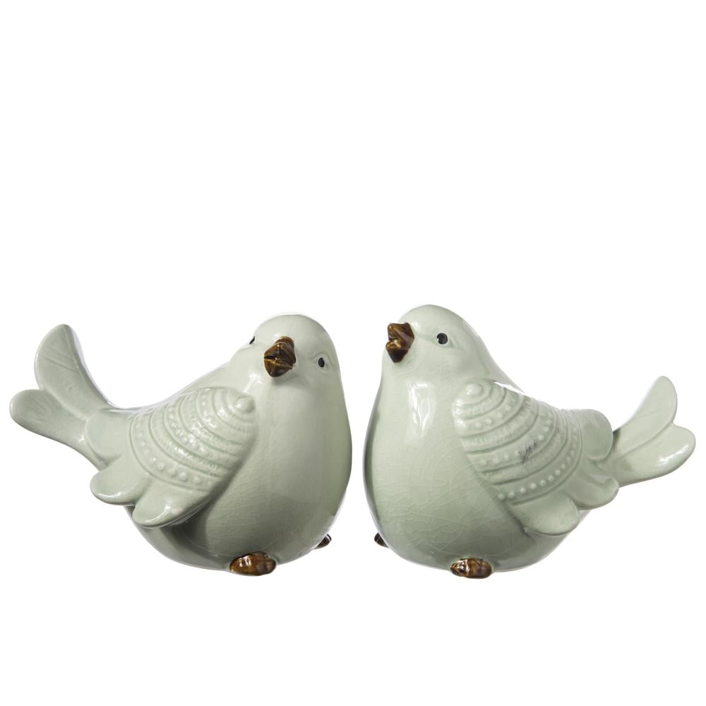 Glossy Ceramic Lime Green Cardinal Bird Figurine Set