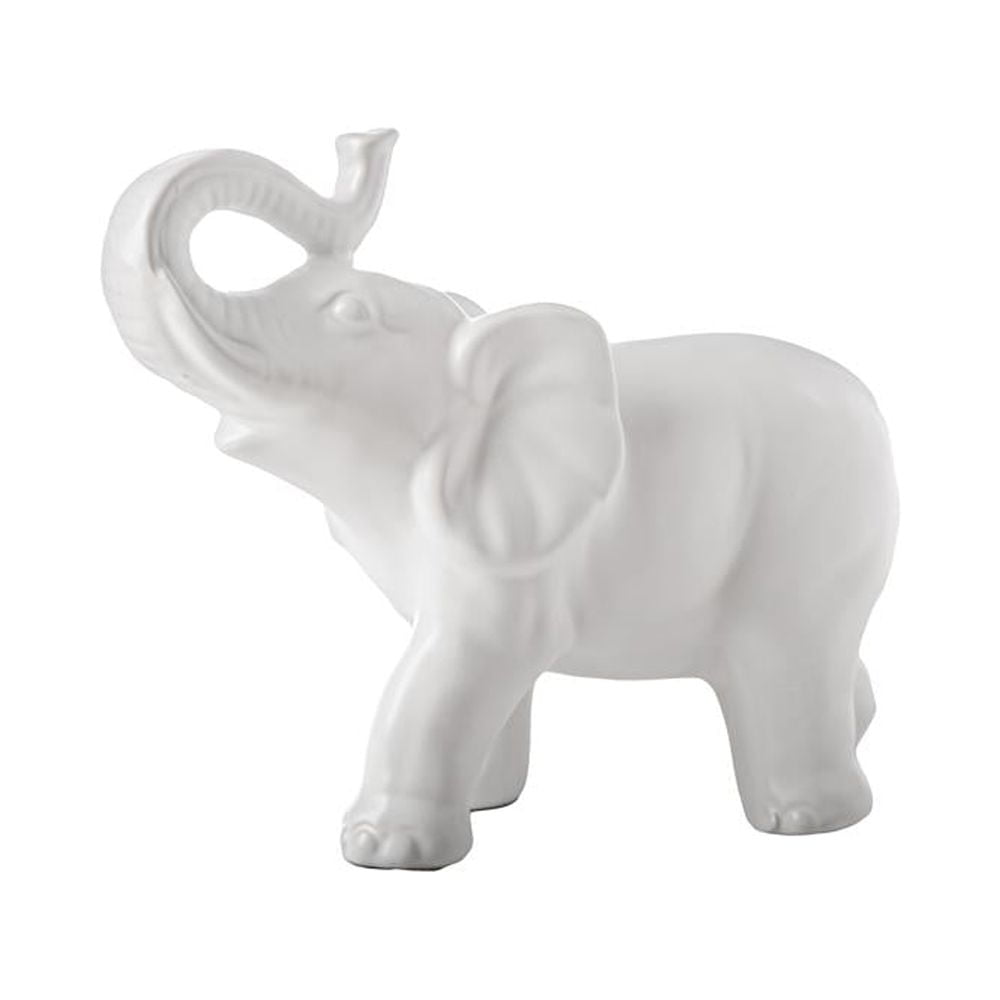 White Ceramic Elephant Figurine with Raised Trunk, 11 Inches