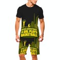thumbnail image 1 of Urban Cityscape Athletic Set: Black Tee & Shorts with Silhouetted Female Basketball Players & Bold " Never Underestimate a Girl " Print, 1 of 5
