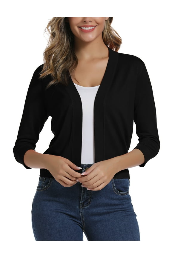 Women's 3/4 Sleeve Cropped Cardigan (Black, XL)