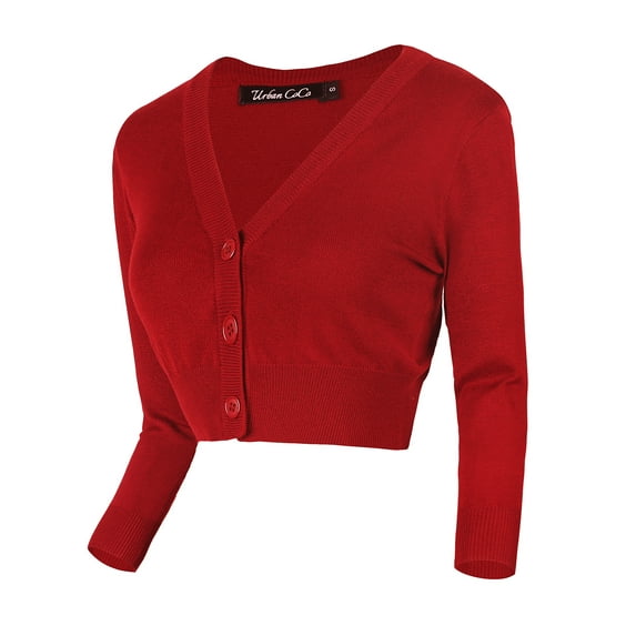Urban CoCo Women's 3/4 Sleeve V-Neck Cropped Cardigan (Red, L)
